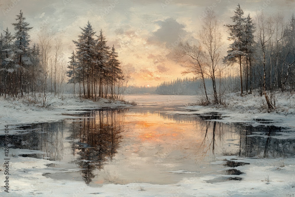 Enchanting winter sunset over a tranquil lake surrounded by pine trees and soft snow Enchanting winter sunset over a tranquil lake surrounded by pine trees and soft snow