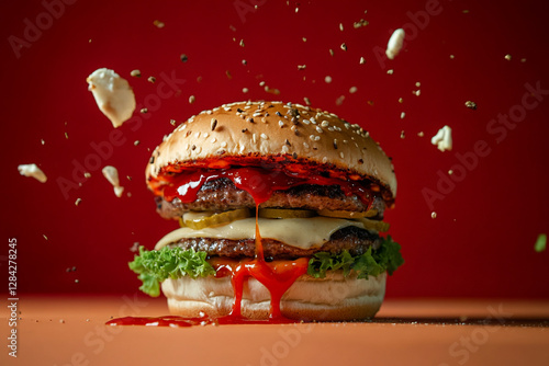 Burger in dynamic motion with flying ingredients and dripping sauce photo