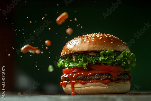 Burger in dynamic motion with flying ingredients and dripping sauce photo