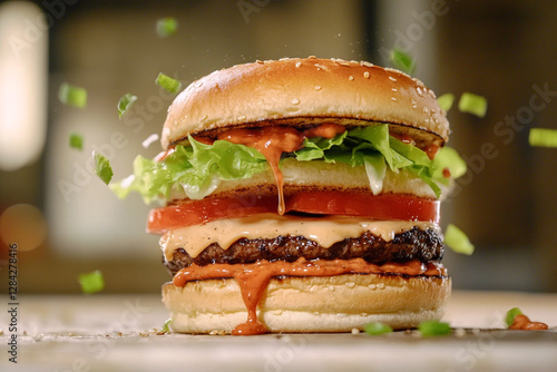 Juicy burger with flying layers and dripping sauce in motion photo