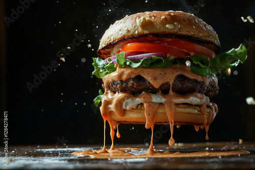 Juicy burger with flying layers and dripping sauce in motion photo