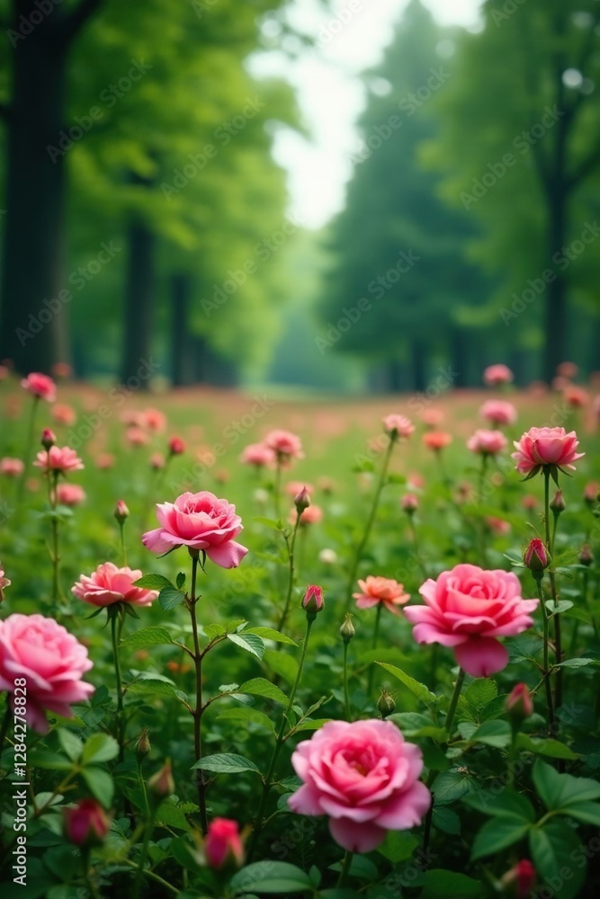 Rose blooms amidst lush meadow and tall trees, nature, verdant, green Rose blooms amidst lush meadow and tall trees, nature, verdant, green