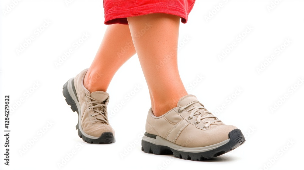 Walking Person in Beige Sneakers and Red Shorts on White Background Walking Person in Beige Sneakers and Red Shorts on White Background