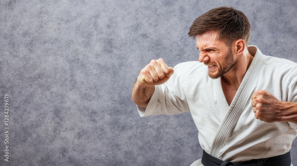 Determined Man Practicing Karate in White Gi Against a Gray Background in a Studio Shot Determined Man Practicing Karate in White Gi Against a Gray Background in a Studio Shot