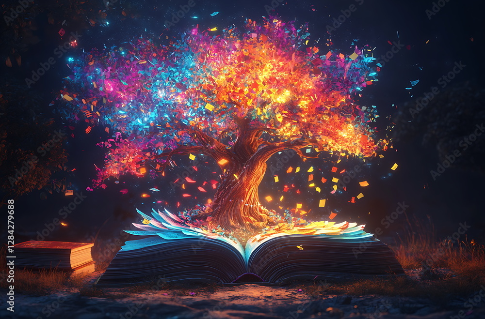 Obraz premium World philosophy day concept with tree of knowledge planting on opening old big book in library.