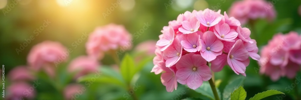 Soft pink hydrangeas in the soft focus blur of a blooming garden, greenery, botanical, floral Soft pink hydrangeas in the soft focus blur of a blooming garden, greenery, botanical, floral
