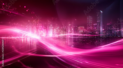 Wallpaper Mural Futuristic city skyline bathed in vibrant pink light, swirling digital trails, and ethereal glow. Ethereal City Skyline. Illustration Torontodigital.ca