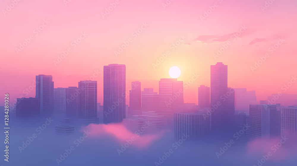 Modern city skyline enveloped in a thick layer of fog, creating a dreamy and ethereal urban scene during sunrise. Ethereal City Skyline. Illustration Modern city skyline enveloped in a thick layer of fog, creating a dreamy and ethereal urban scene during sunrise. Ethereal City Skyline. Illustration