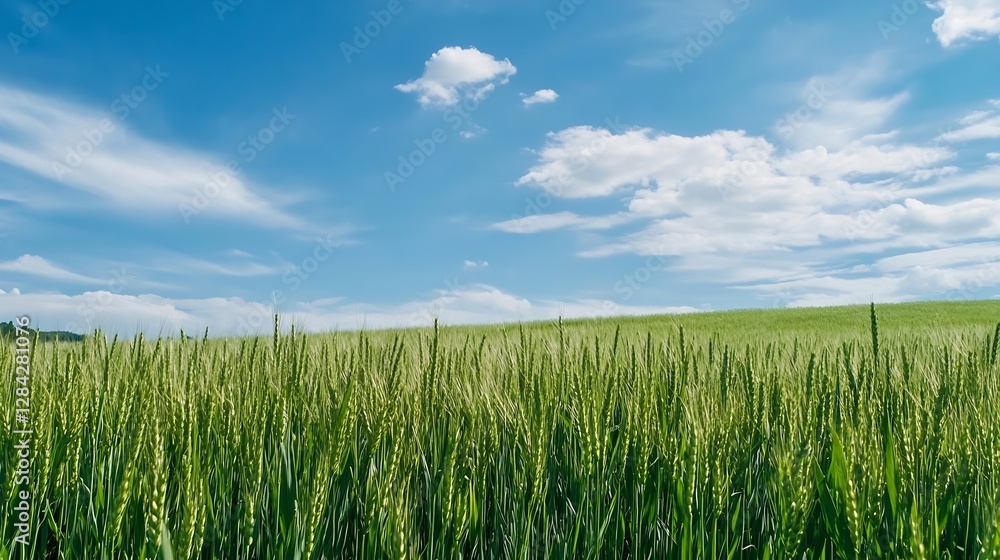Vibrant wheat field under a bright blue sky with fluffy clouds creating a picturesque rural scene : Generative AI Vibrant wheat field under a bright blue sky with fluffy clouds creating a picturesque rural scene : Generative AI