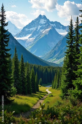 Dense forest and Chugach Mountains along Glenn Highway in Alaska wilderness, mountain trails, chugach mountains photo