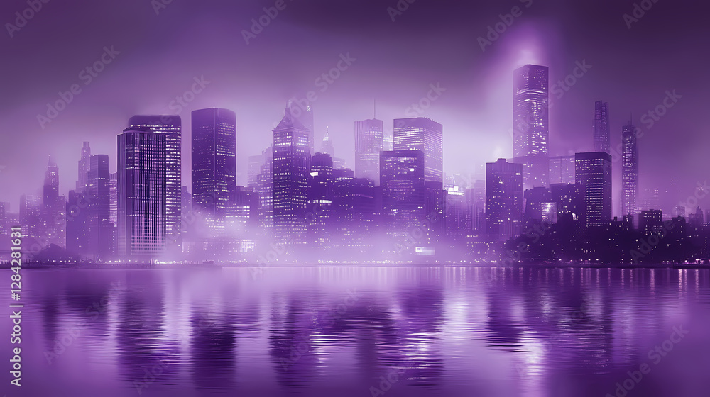 Purple city skyline reflected in misty water at night. Ethereal City Skyline. Illustration Purple city skyline reflected in misty water at night. Ethereal City Skyline. Illustration