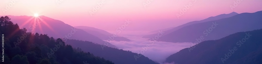 Soft pink light illuminates misty valleys on Lookout Mountain, landscape, atmosphere, soft pink Soft pink light illuminates misty valleys on Lookout Mountain, landscape, atmosphere, soft pink