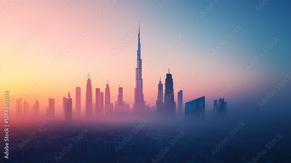 Skyline silhouette: a panoramic view of a modern city's skyline, with sleek skyscrapers rising towards a hazy, ethereal sky. Ethereal City Skyline. Illustration Skyline silhouette: a panoramic view of a modern city's skyline, with sleek skyscrapers rising towards a hazy, ethereal sky. Ethereal City Skyline. Illustration