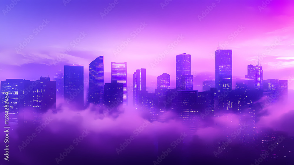 Urban purple background: a city skyline with fog and a twilight sky. Ethereal City Skyline. Illustration Urban purple background: a city skyline with fog and a twilight sky. Ethereal City Skyline. Illustration