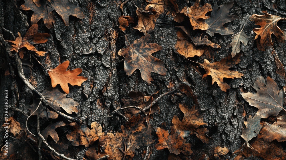Autumn oak leaves on tree bark background Autumn oak leaves on tree bark background