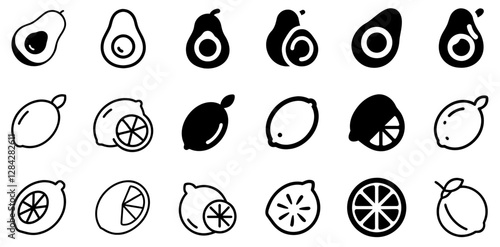 "Avocado, Lemon, and Lime Vector Icon Set – A Zesty and Nutritious Fruit Collection"