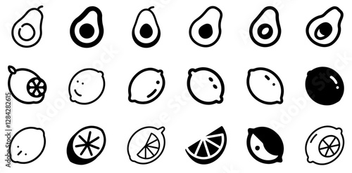"Avocado, Lemon, and Lime Vector Icon Set – A Zesty and Nutritious Fruit Collection"