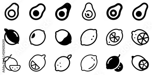 "Avocado, Lemon, and Lime Vector Icon Set – A Zesty and Nutritious Fruit Collection"