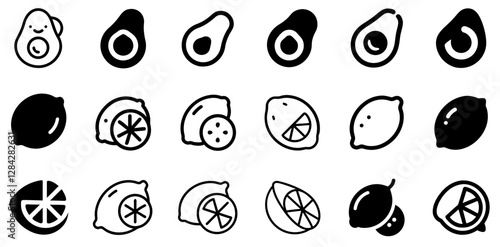 "Avocado, Lemon, and Lime Vector Icon Set – A Zesty and Nutritious Fruit Collection"