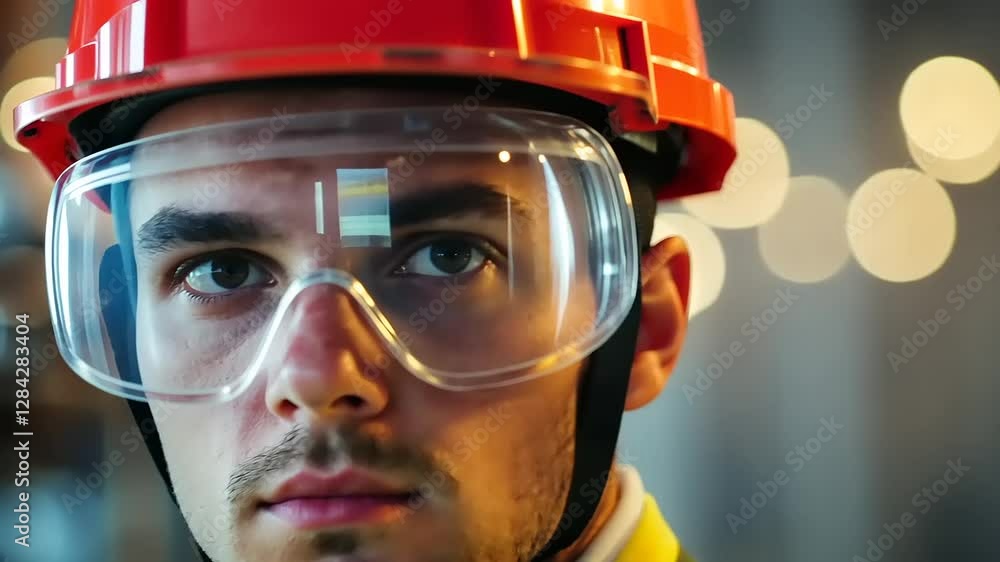 Young construction worker wearing safety gear, focused on task in a busy workshop environment Young construction worker wearing safety gear, focused on task in a busy workshop environment