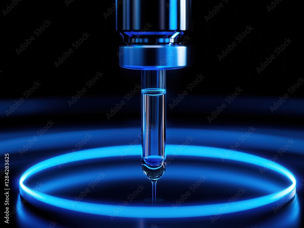 Close-up of a pipette dropping liquid in a glowing blue circle on a dark background. Close-up of a pipette dropping liquid in a glowing blue circle on a dark background.