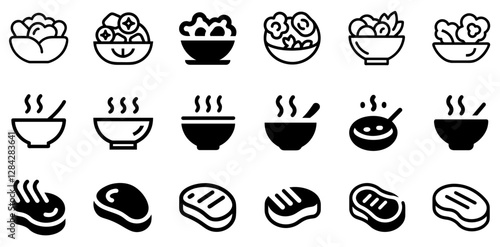 "Salad, Soup, and Steak Vector Icon Set – A Perfect Trio of Appetizer, Main Course, and Comfort Food"