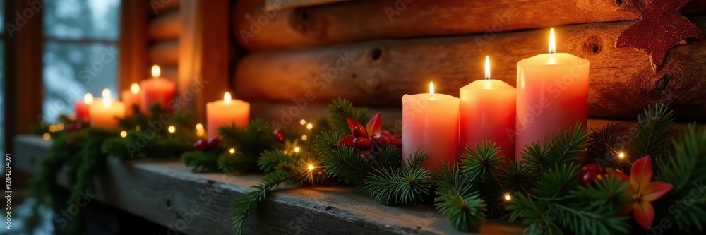 Candles and evergreen branches adorn a rustic wooden mantel, cozy cabin, candles, cabin ambiance Candles and evergreen branches adorn a rustic wooden mantel, cozy cabin, candles, cabin ambiance