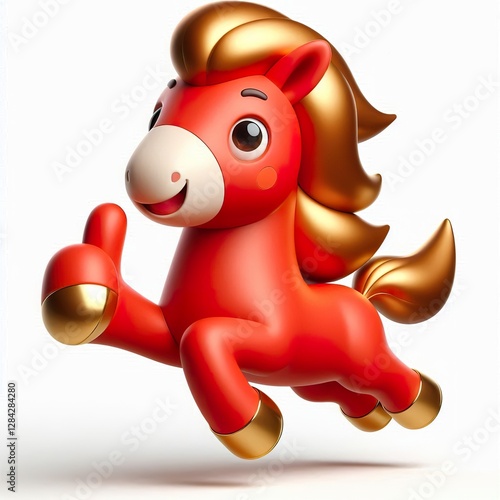A cute 3d red gold happy jumping thumbs up horse, funny, happy, smile, white background