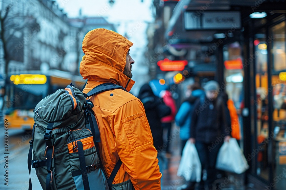 Fototapeta premium A traveler, wearing a bright orange jacket and carrying a backpack, gazes at shop displays on a busy street during a rainy day. People bustle around, umbrellas in hand, creating a lively atmosphere