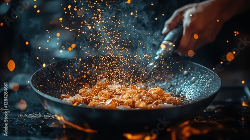 A chef tossing ingredients in a flaming pan, showcasing his culinary skills photo