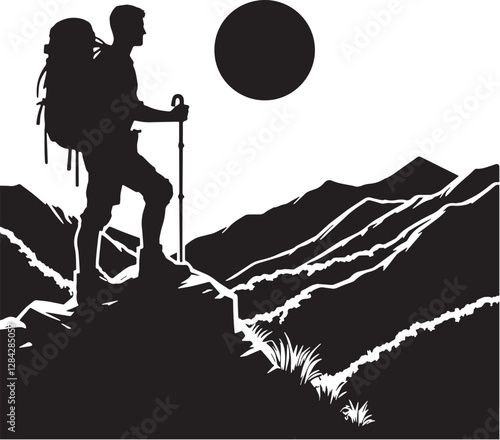 Black Color Hiking Silhouette Vector Illustration design, Solid White Background
