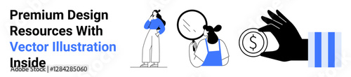 Woman thinking, person using magnifier, hand holding coin, and parallel bars. Ideal for creativity, finance, research, problem-solving productivity UXUI marketing. Flat landing page banner