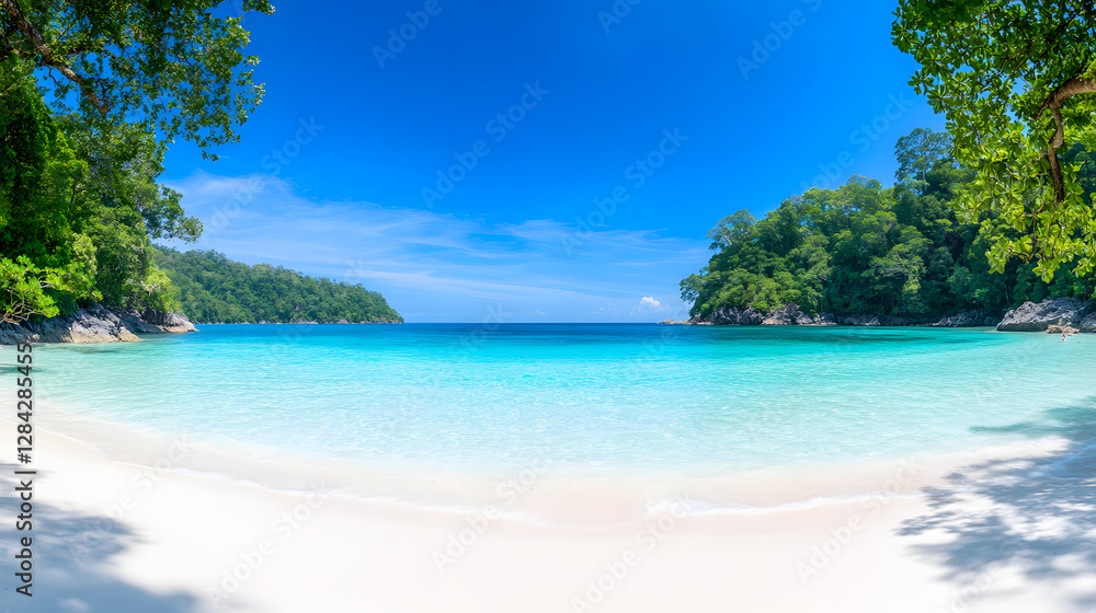 Panorama of a Tropical Beach with Clear Blue Water and White Sandy Shore
Panorama of a Tropical Beach with Clear Blue Water and White Sandy Shore