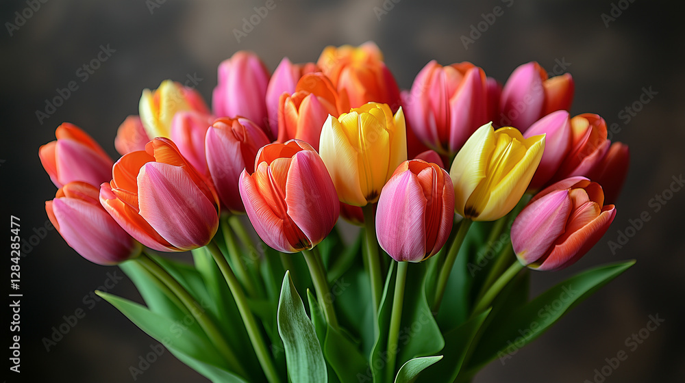 Vibrant tulip bouquet showcasing colorful blooms in various shades during spring time. Generative AI Vibrant tulip bouquet showcasing colorful blooms in various shades during spring time. Generative AI