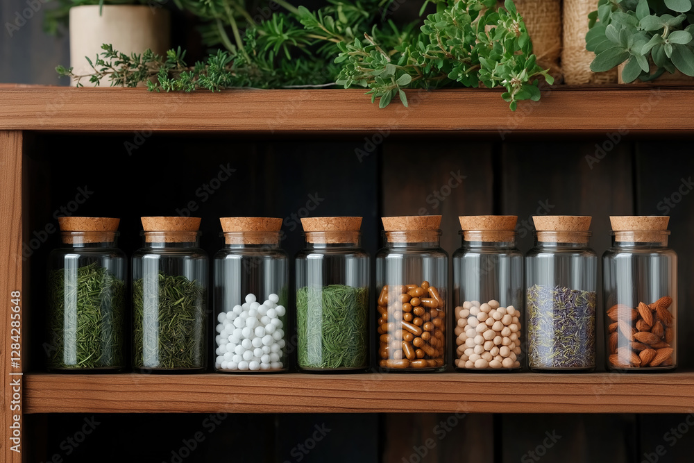 Collection of dried herbs and spices in glass jars on wooden shelf in cozy kitchen setup Collection of dried herbs and spices in glass jars on wooden shelf in cozy kitchen setup