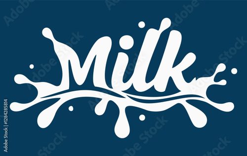 Milk logo. Lettering with milk splashes and drops. Vector illustration isolated on blue background