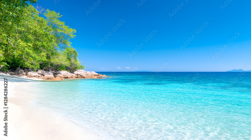 Panorama of a Tropical Beach with Clear Blue Water and White Sandy Shore
Panorama of a Tropical Beach with Clear Blue Water and White Sandy Shore