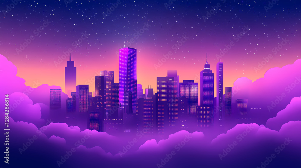 A city skyline emerging from purple clouds under a starry night. Ethereal City Skyline. Illustration A city skyline emerging from purple clouds under a starry night. Ethereal City Skyline. Illustration