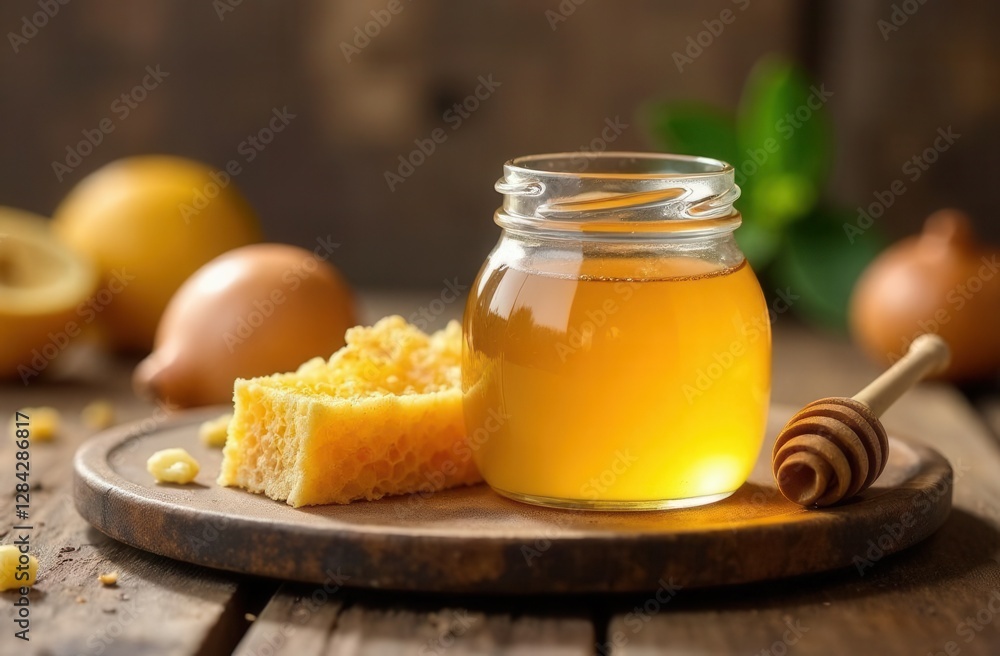 Jar of honey with honeycomb on rustic wooden table with lemons and wooden dipper Jar of honey with honeycomb on rustic wooden table with lemons and wooden dipper