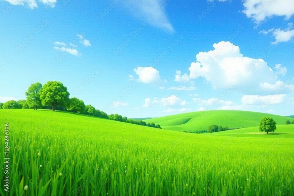 calm and quiet scene of green fields under open sky, peaceful, blue calm and quiet scene of green fields under open sky, peaceful, blue