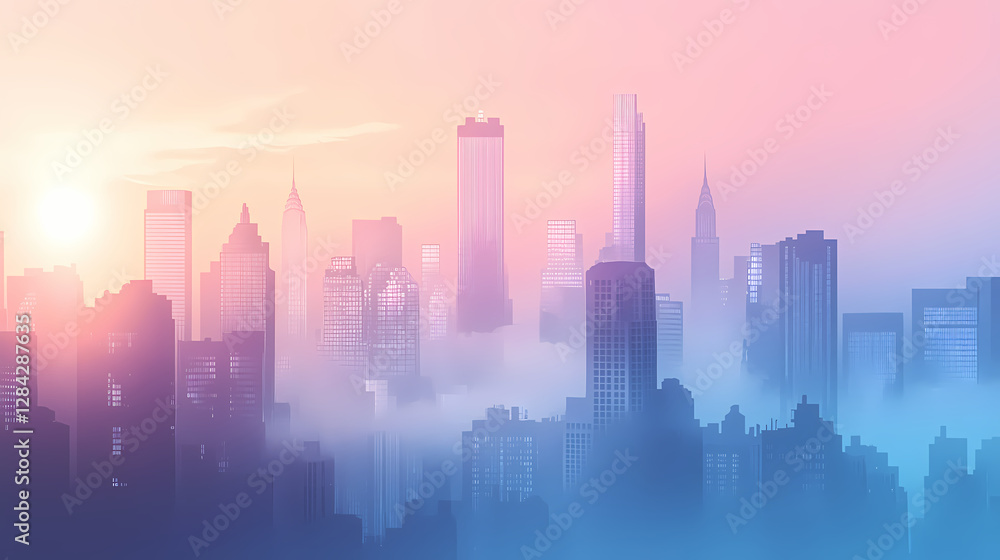 A serene city skyline enveloped in ethereal fog, showcasing towering buildings disappearing into misty hues. Ethereal City Skyline. Illustration A serene city skyline enveloped in ethereal fog, showcasing towering buildings disappearing into misty hues. Ethereal City Skyline. Illustration