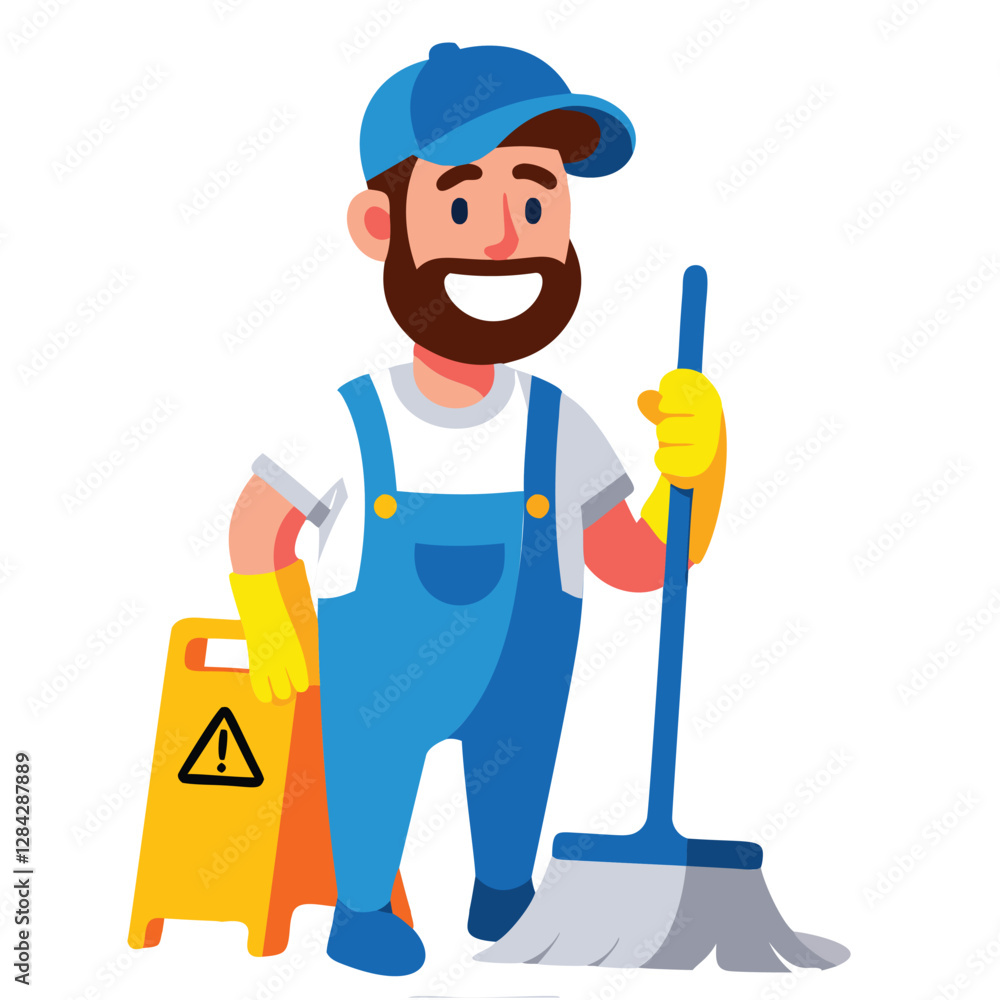 A friendly cartoon illustration of a male janitor in blue overalls, a baseball cap, and a beard A friendly cartoon illustration of a male janitor in blue overalls, a baseball cap, and a beard