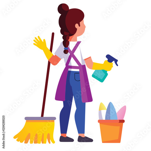 A cheerful cartoon illustration of a woman cleaning
