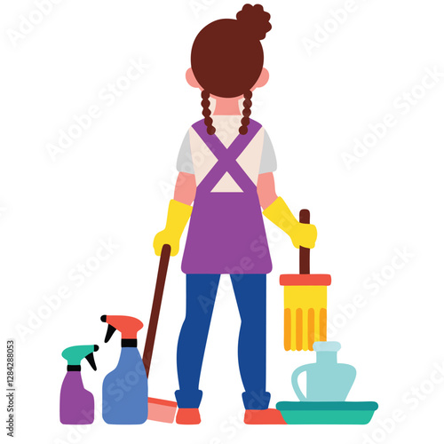 A cheerful illustration depicts a woman from the back, cleaning with a broom and various cleaning supplies, such as spray bottles