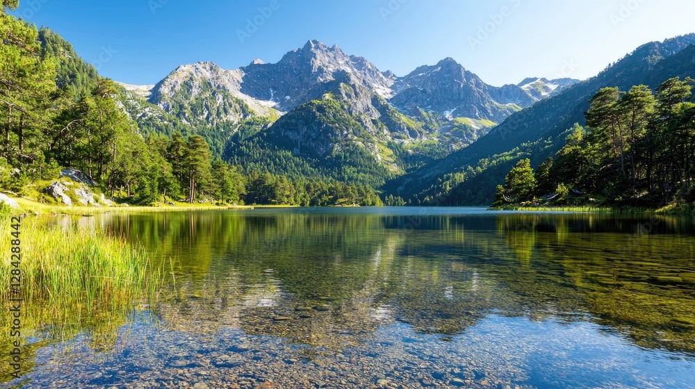 Mountain lake reflection, sunny day, Pyrenees, tranquility Mountain lake reflection, sunny day, Pyrenees, tranquility