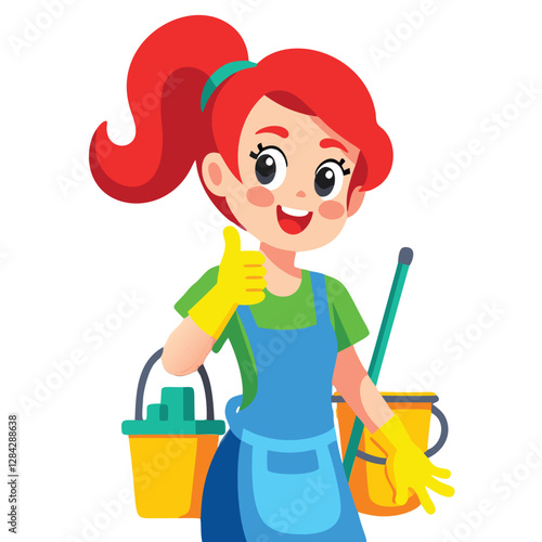 A cheerful cartoon illustration of a young woman dressed in a cleaning uniform, holding cleaning supplies, and giving a thumbs up gesture