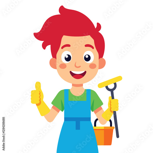 A cheerful cartoon boy in a light teal apron and green shirt, holding a squeegee and bucket, and giving a thumbs up