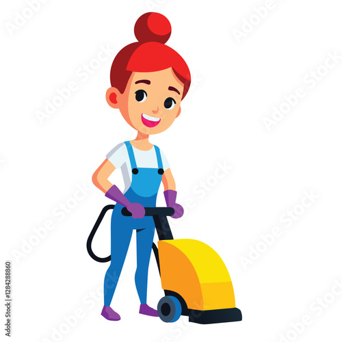 A cheerful cartoon illustration of a young woman wearing overalls and purple gloves, operating a yellow floor scrubber