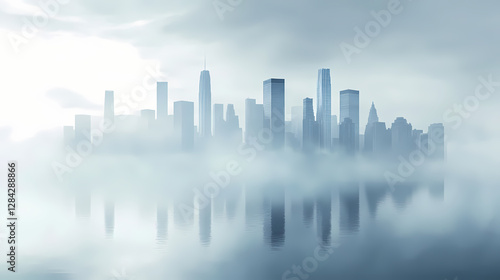 Cityscape silhouette in fog with reflection on water surface. Ethereal City Skyline. Illustration