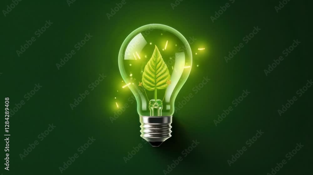 A glowing light bulb with a leaf inside, symbolizing eco-friendly energy. Shot from a front angle, this image has a clean, green-themed video style. A glowing light bulb with a leaf inside, symbolizing eco-friendly energy. Shot from a front angle, this image has a clean, green-themed video style.